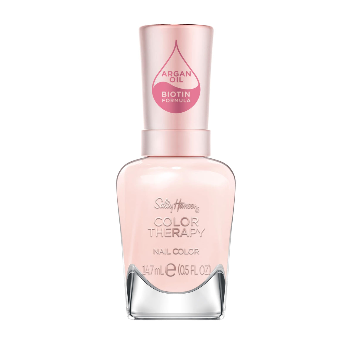 Sally Hansen bottle front view showing light pink shade and glossy finish benefit