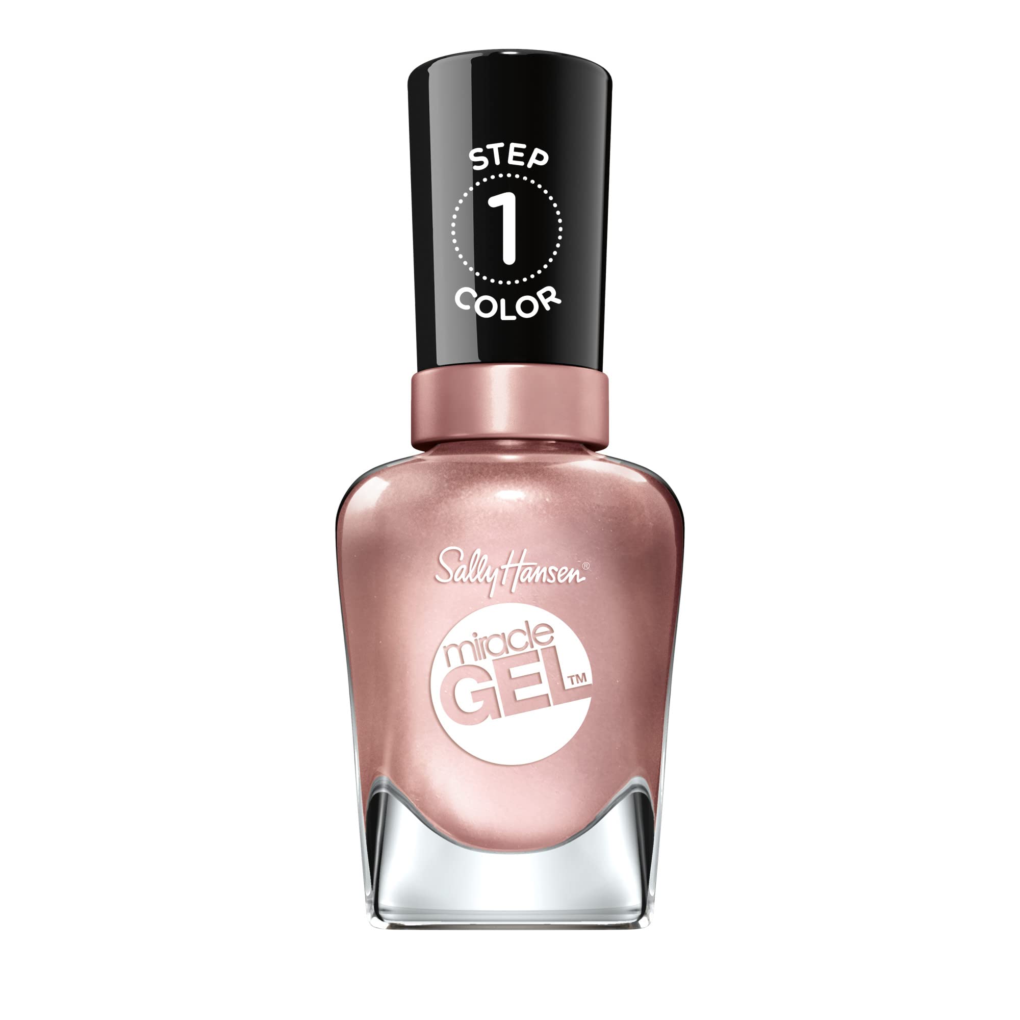 Sally Hansen bottle front packaging showing rose gold pearlescent finish benefit: salon look