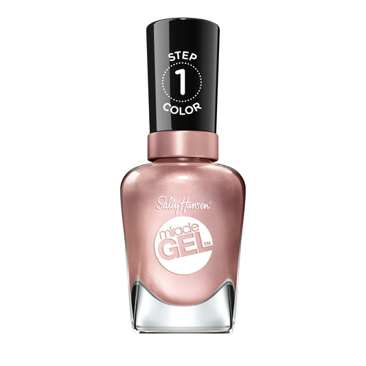 Sally Hansen bottle front packaging showing rose gold pearlescent finish benefit: salon look