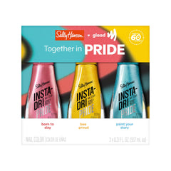 Sally Hansen Pansexual Trio front packaging showing three metallic bottles and Pride branding benefit: limited-edition gift