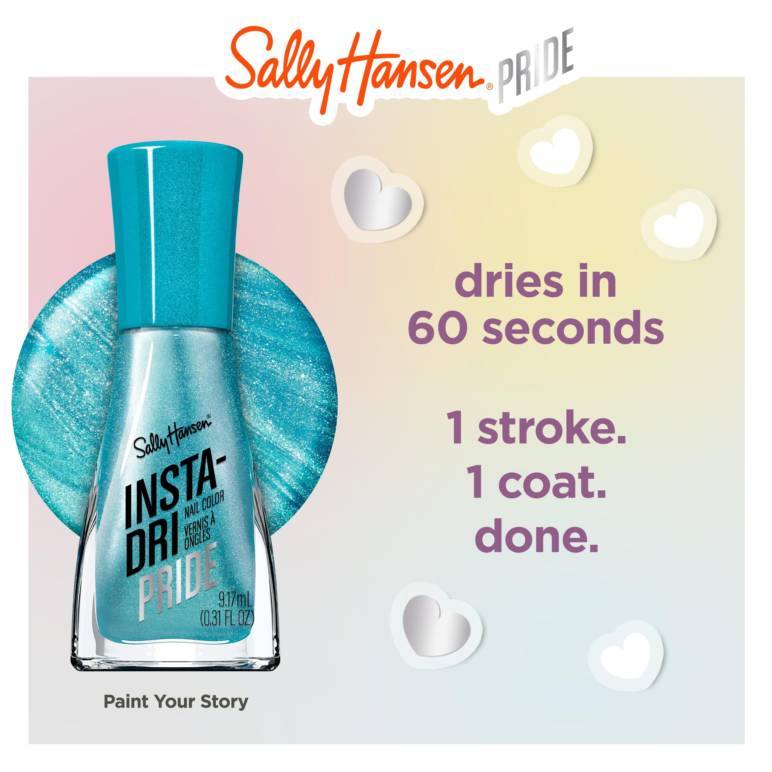 Sally Hansen polish applied on nail tips demonstrating metallic finish benefit: high-shine look