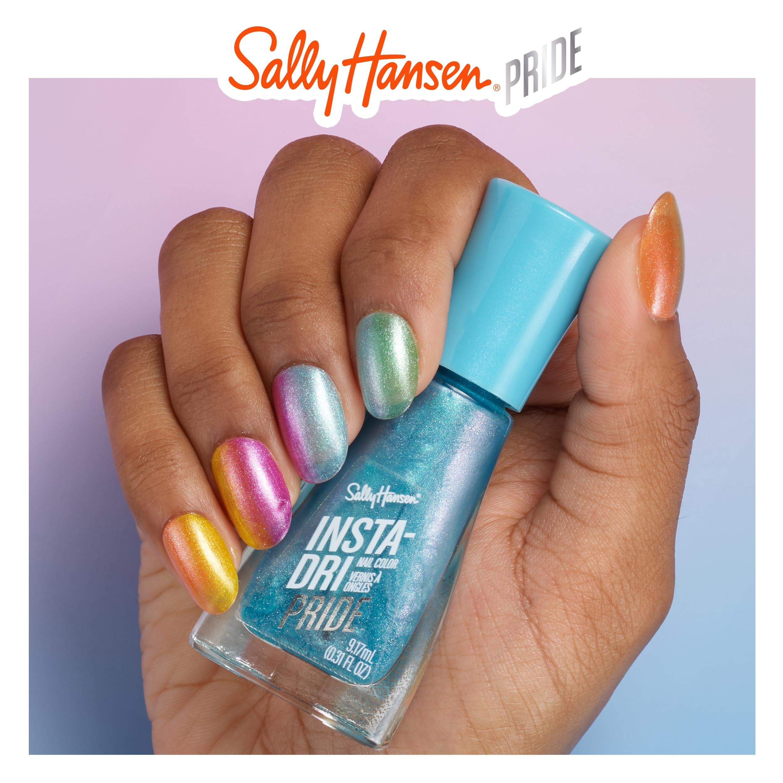 Sally Hansen trio beside a hand for scale showing compact 0.3 oz bottles benefit: travel-ready