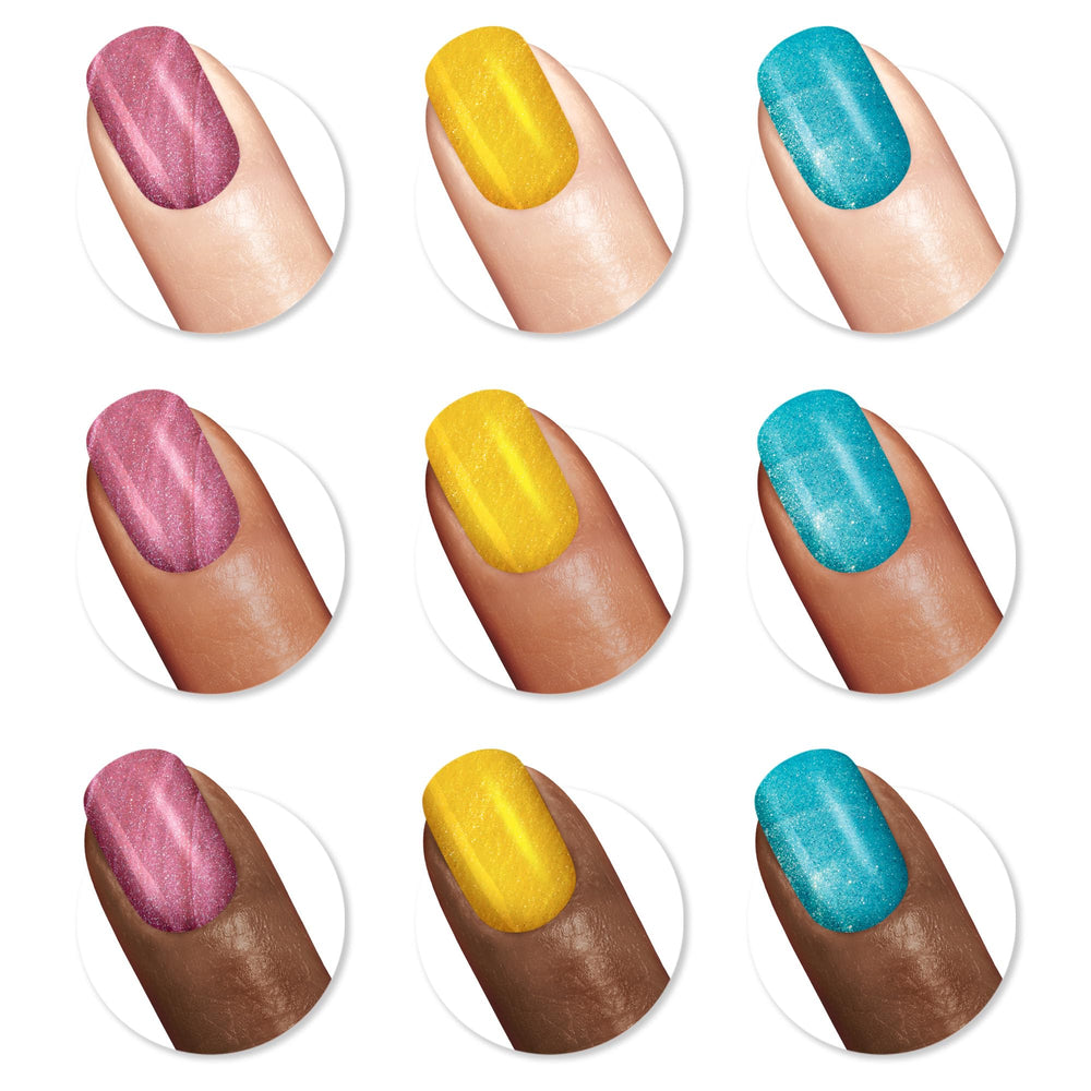 Sally Hansen swatch plate displaying three metallic shades benefit: color preview for layering