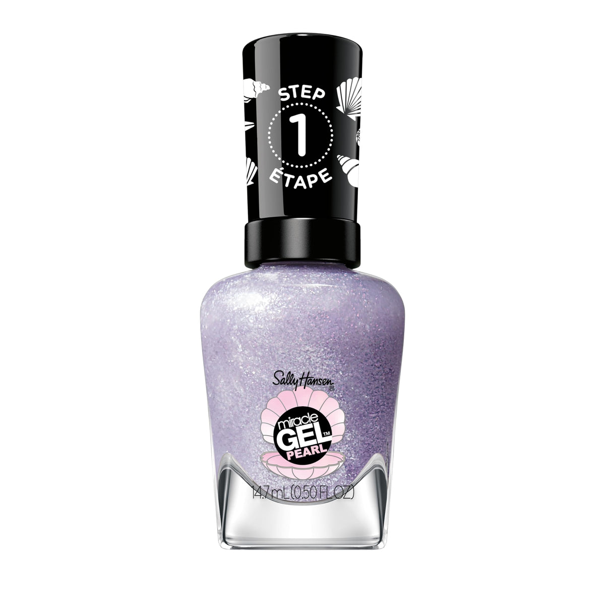 Sally Hansen bottle front packaging showing pearlescent lilac shade and label benefit durable finish