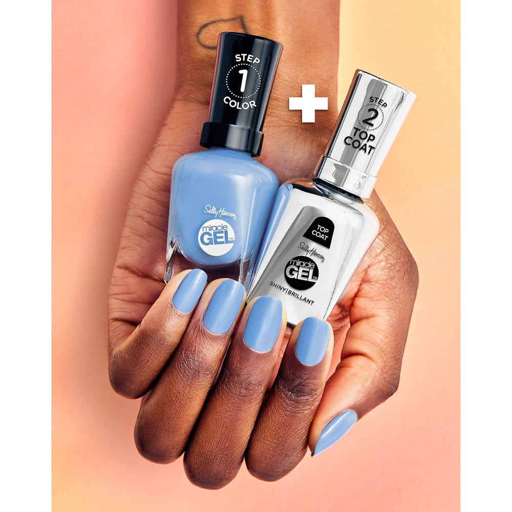 Close-up of nail shine from Sally Hansen, emphasizes long-lasting glossy finish benefit