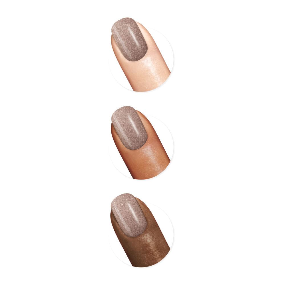 Sally Hansen Powder Room swatch on fingertips demonstrating reflective, jewel finish