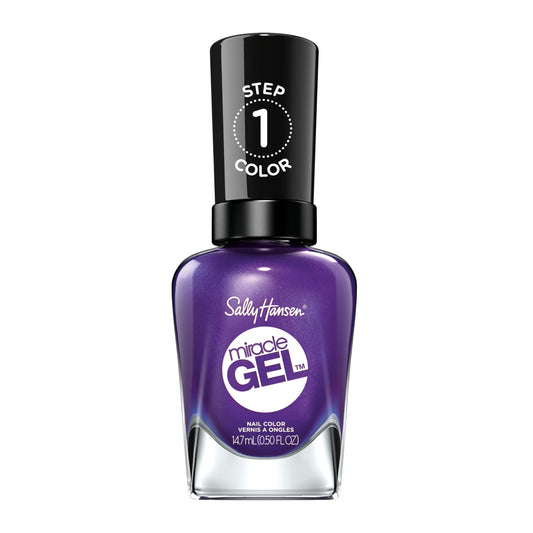 Sally Hansen bottle front view showing vivid Purplexed purple and benefit of salon-like shine