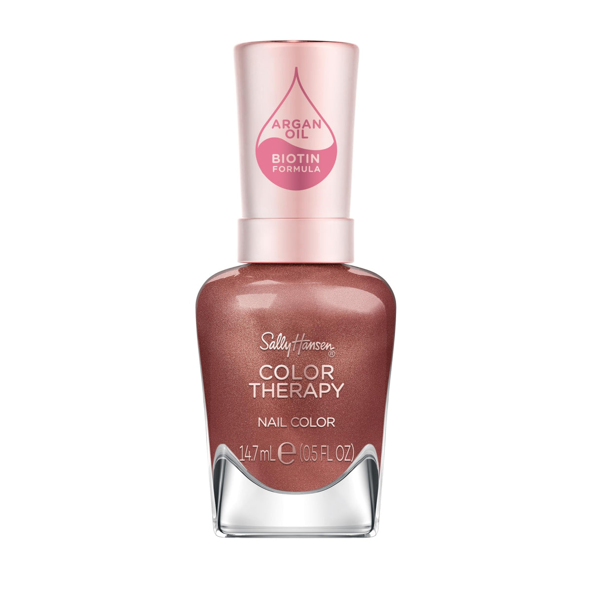 Sally Hansen bottle front view showing deep chestnut brown shade and label, elegant finish