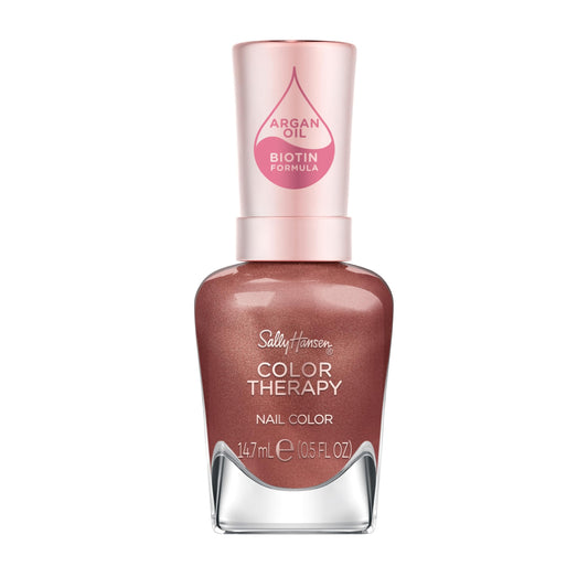Sally Hansen bottle front view showing deep chestnut brown shade and label, elegant finish