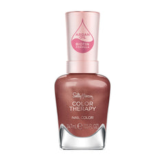 Sally Hansen bottle front view showing deep chestnut brown shade and label, elegant finish