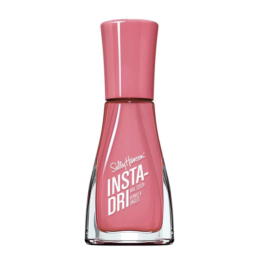 Sally Hansen bottle front view showing rosy-pink shade and glossy finish benefit