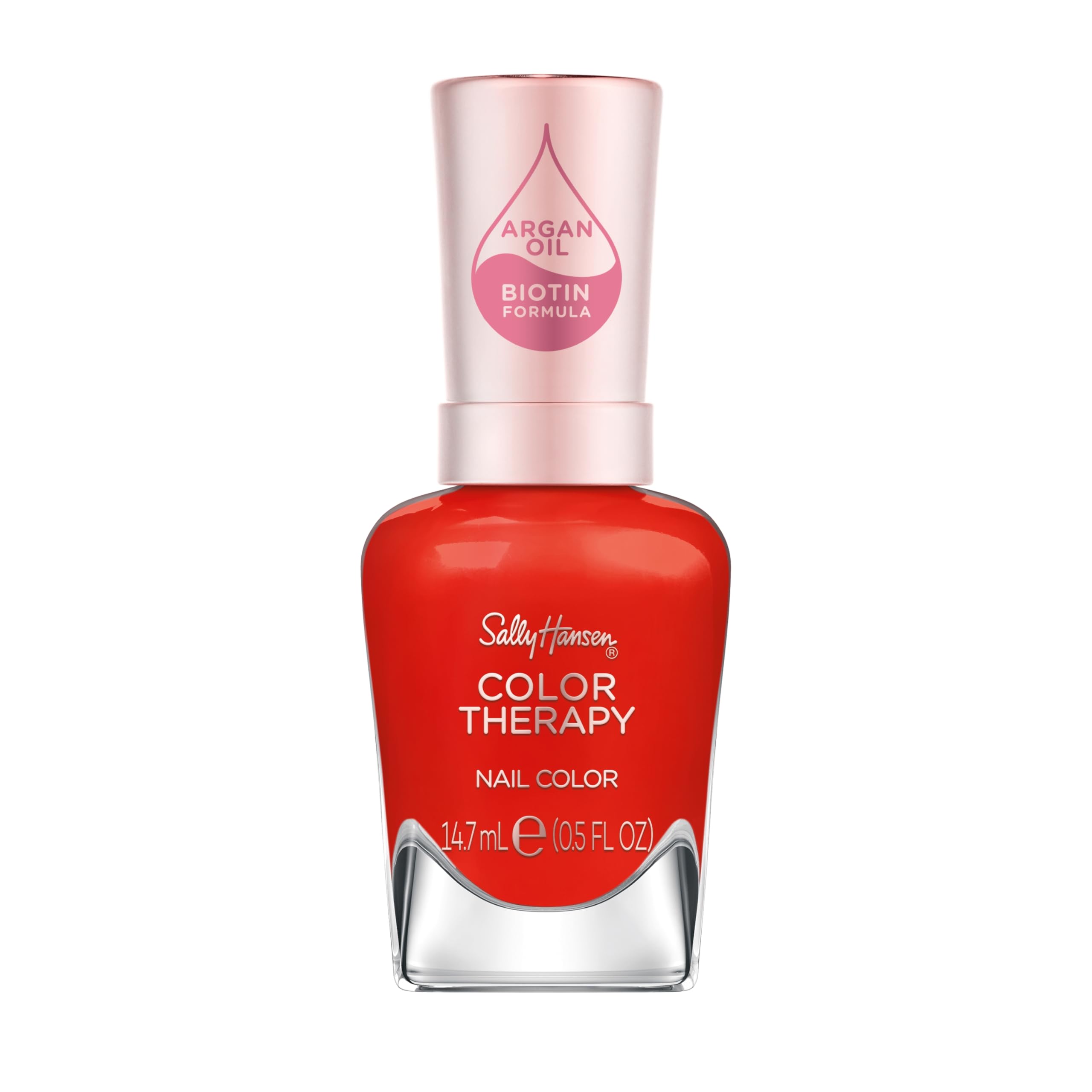 Sally Hansen bottle front view showing rich red shade and glossy finish benefit