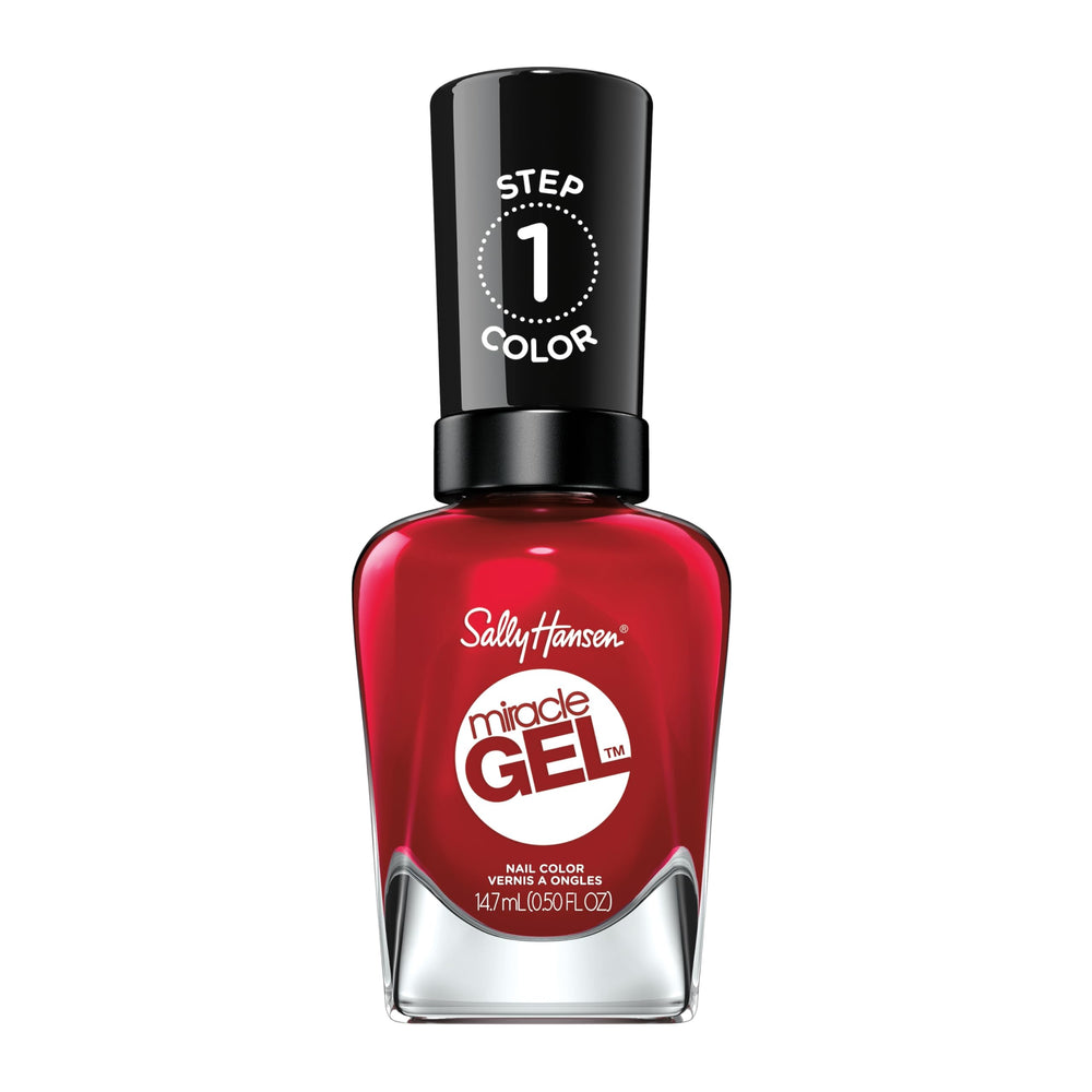 Sally Hansen bottle front showing rhapsody red vibrant color and glossy finish