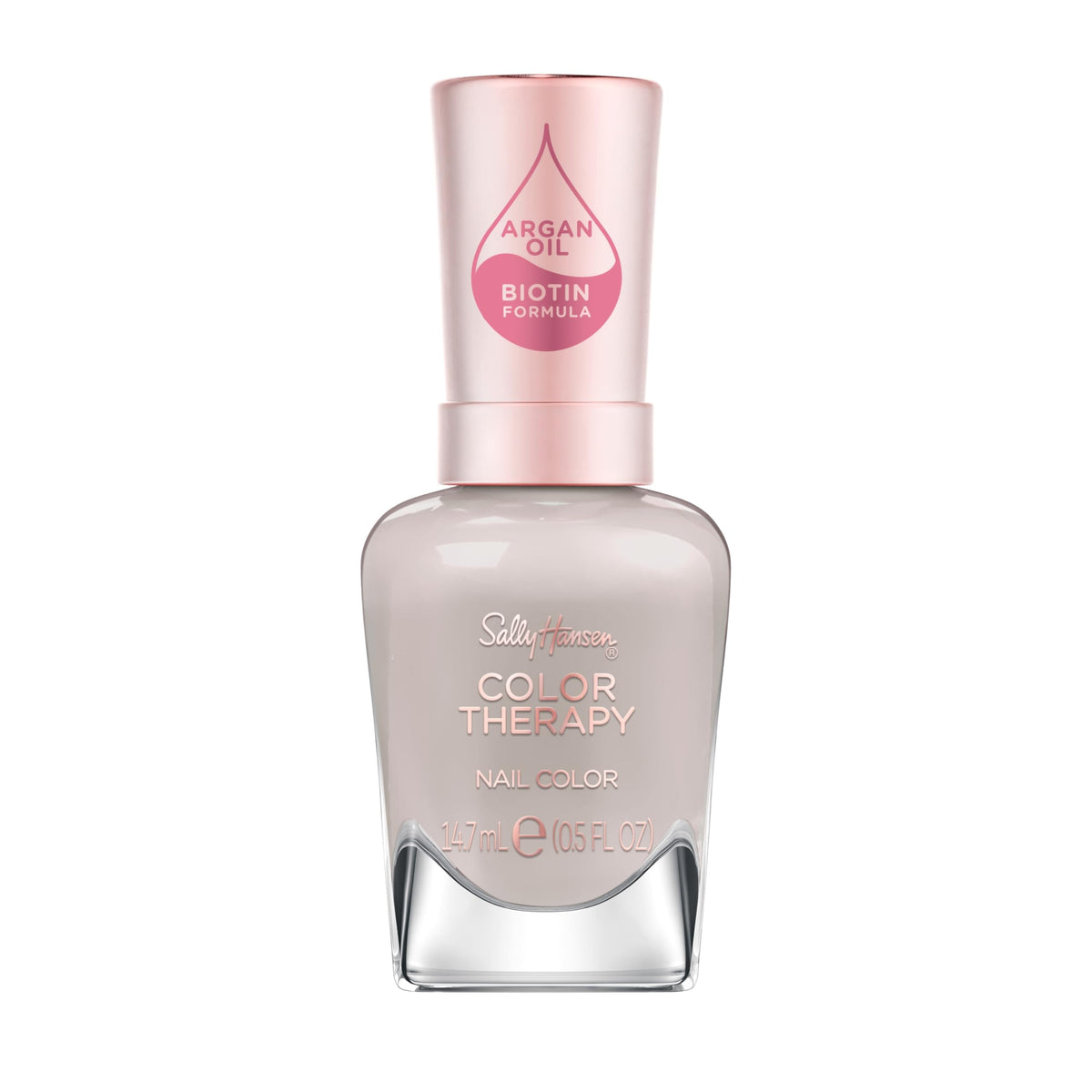 Sally Hansen bottle front view showing serene gray-taupe color and glossy finish