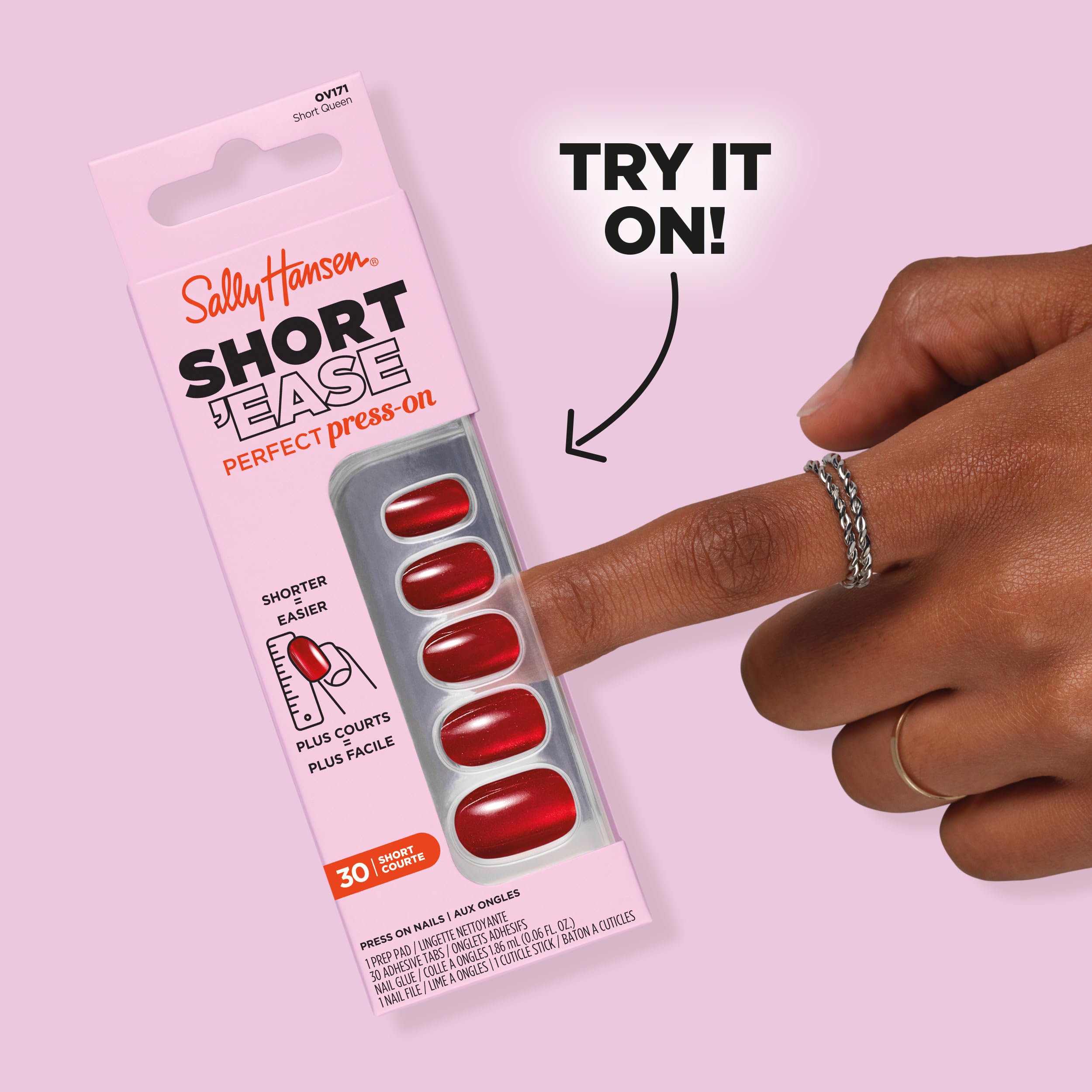 Sally Hansen press-on nails worn on a hand showing natural, polished look