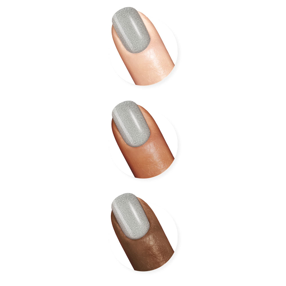 Sally Hansen swatch on finger showing bold silver color payoff