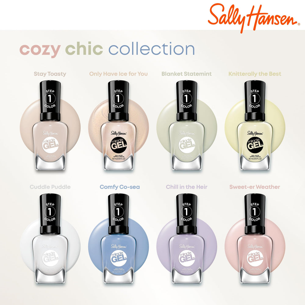Sally Hansen polish in cozy sweater setting evoking warm fall tones