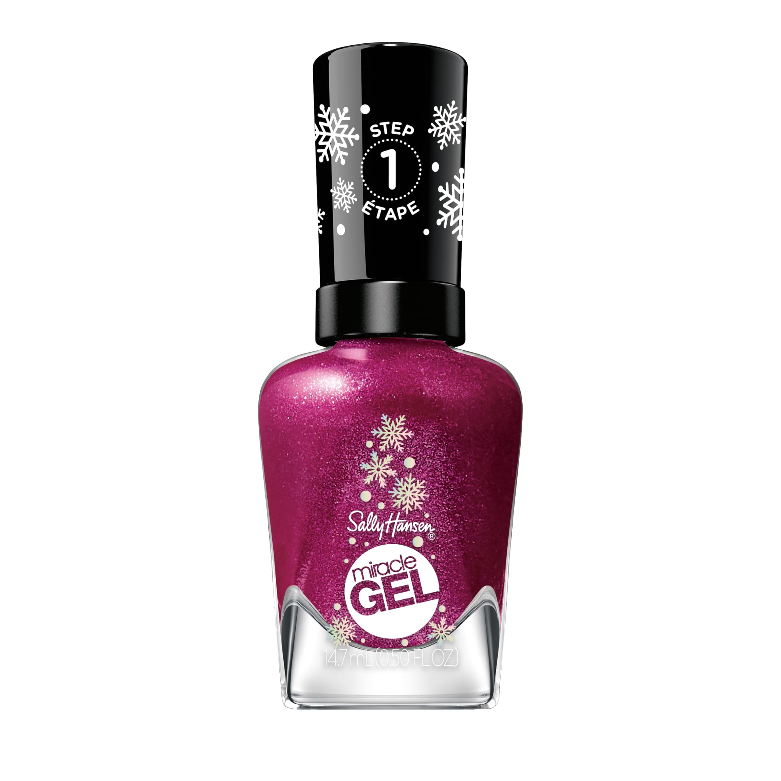 Sally Hansen front bottle showing shimmery pink color and glossy benefit