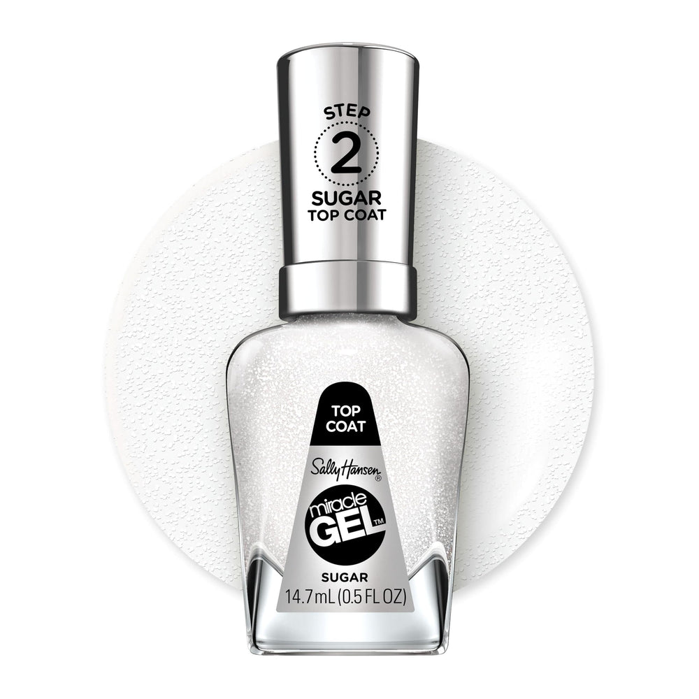 Sally Hansen bottle front label showing Sugar Top Coat and gel-like finish benefit