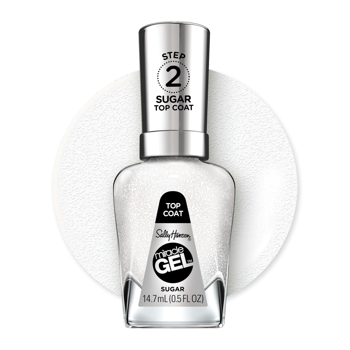 Sally Hansen bottle front label showing Sugar Top Coat and gel-like finish benefit