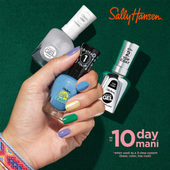 Sally Hansen bottle paired with Miracle Gel top coat highlighting enhanced durability benefit