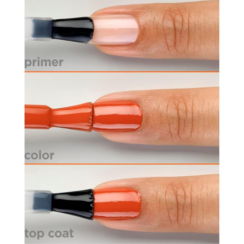 Hand model wearing A Hot Minute shade on short nails demonstrating wearable burnt-orange tone