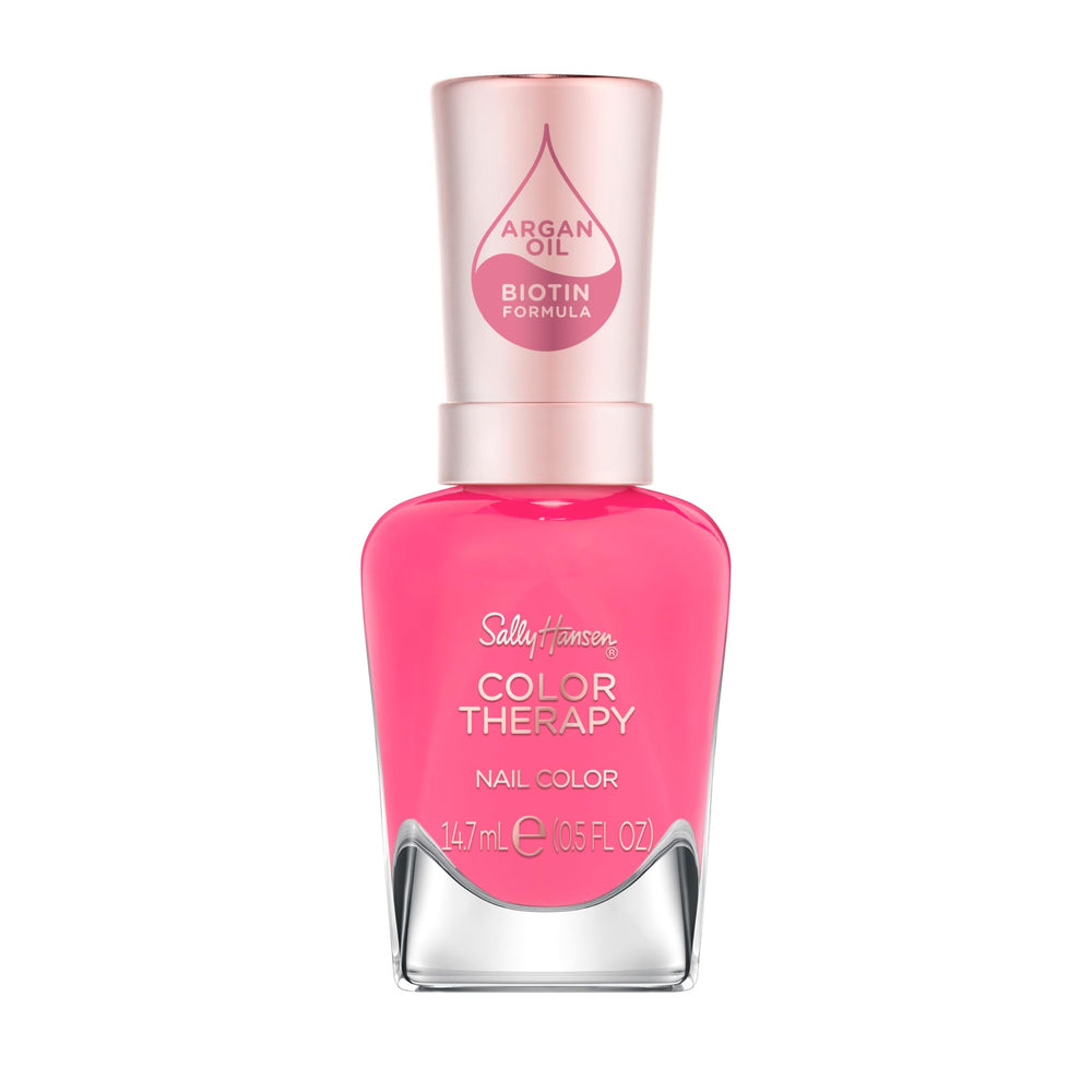 Sally Hansen front bottle view showing bright pink shade and glossy finish benefits