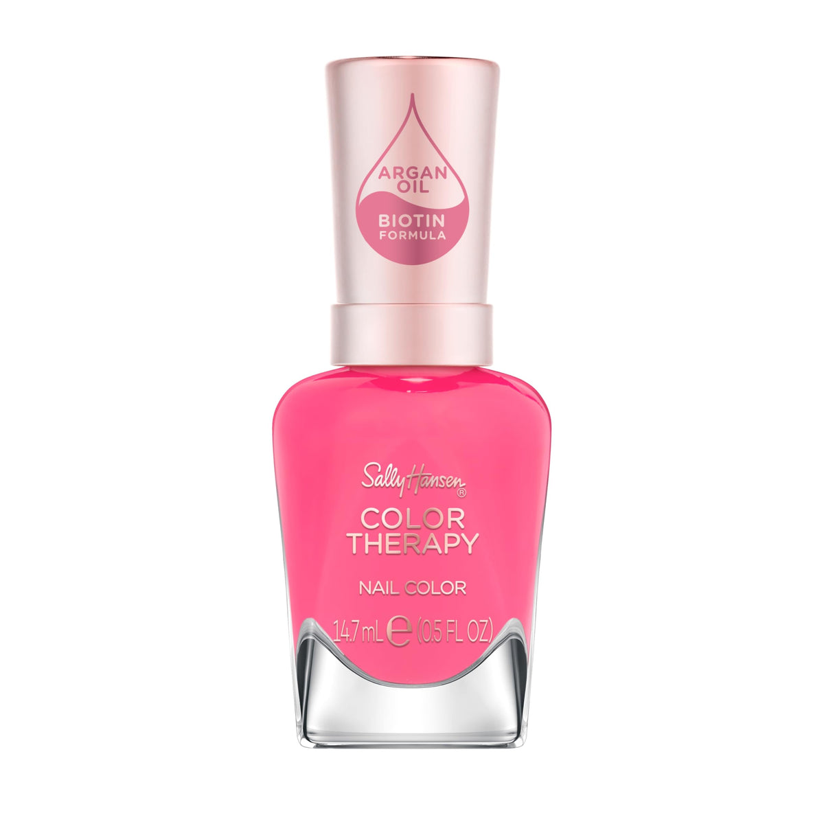 Sally Hansen front bottle view showing bright pink shade and glossy finish benefits