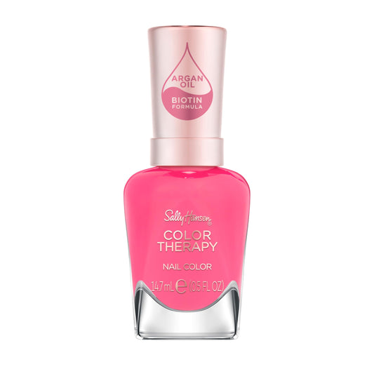 Sally Hansen front bottle view showing bright pink shade and glossy finish benefits