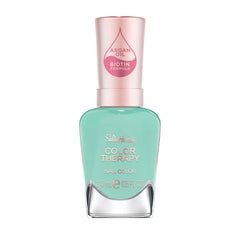 Sally Hansen bottle front view showing mint green shade and glossy finish benefit