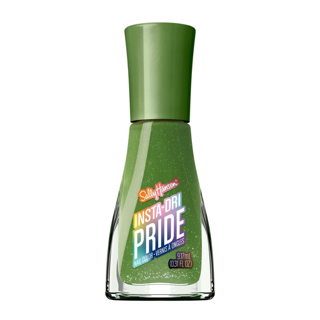Sally Hansen bottle front view showing vibrant green polish and fast-dry benefit