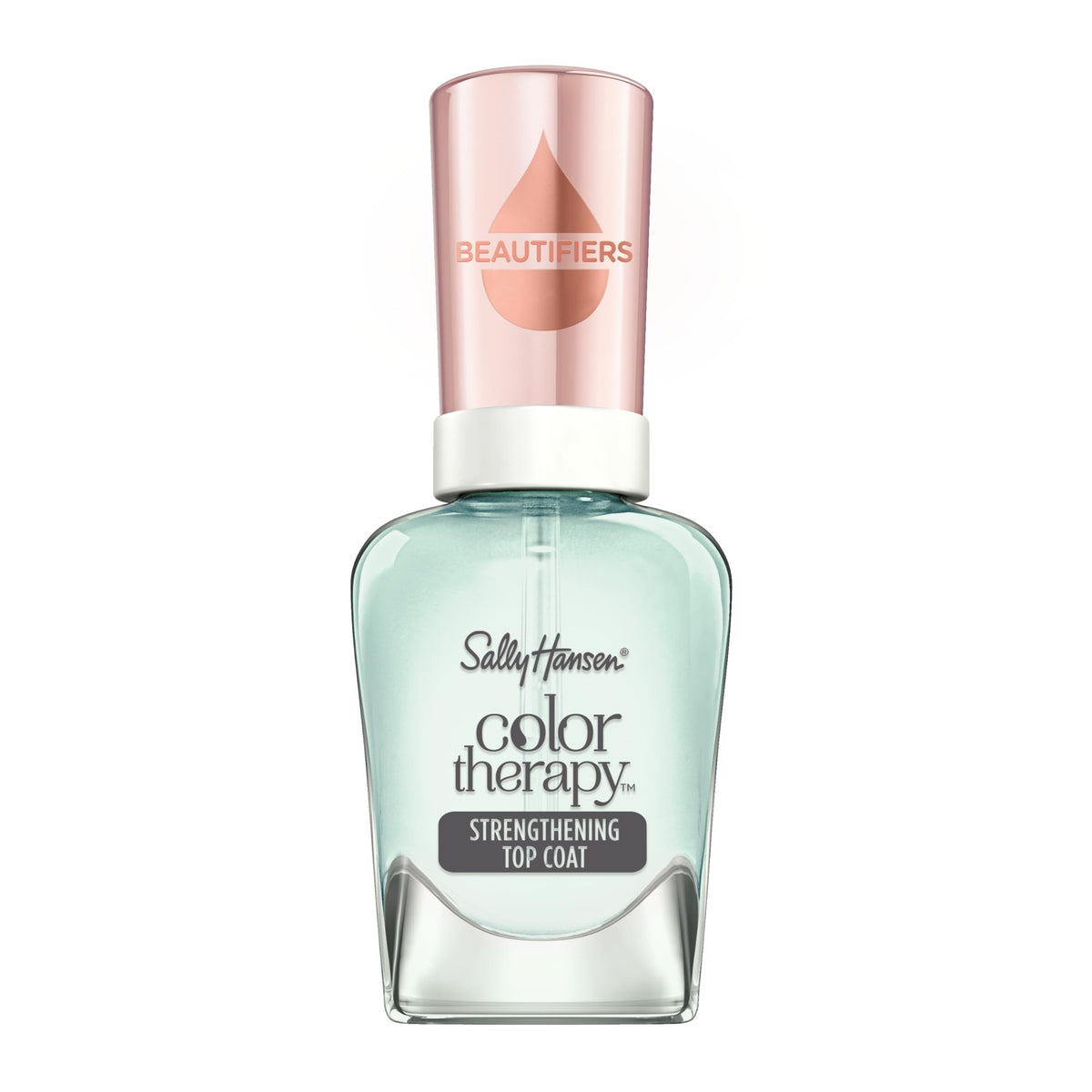 Sally Hansen bottle front view showing clear top coat and brand for glossy finish