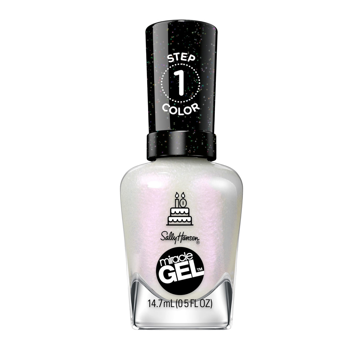 Sally Hansen front bottle showing iridescent white polish and easy application benefit