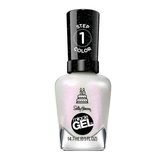 Sally Hansen front bottle showing iridescent white polish and easy application benefit