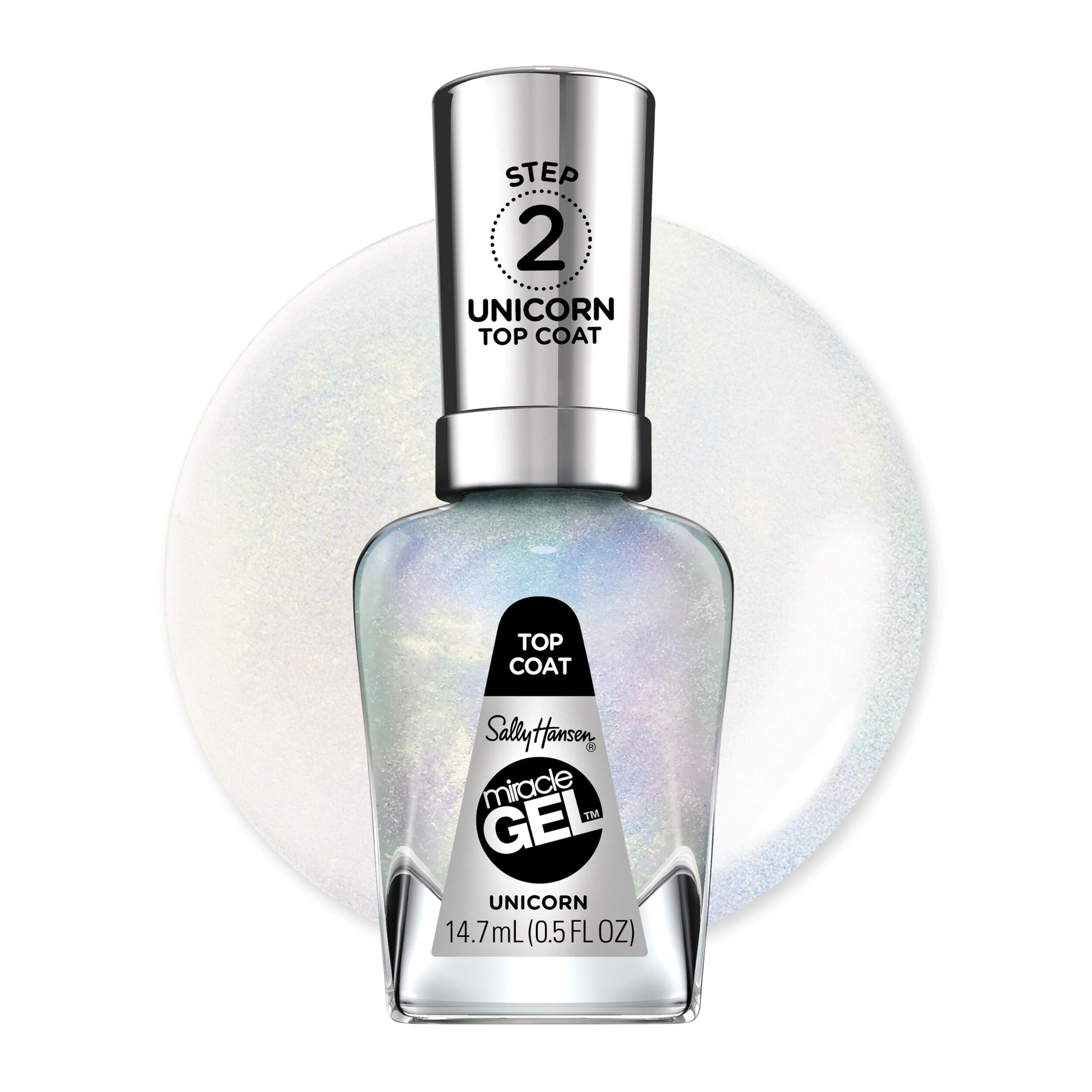 Sally Hansen front bottle showing glitter top coat and clear cap, sparkly finish benefit