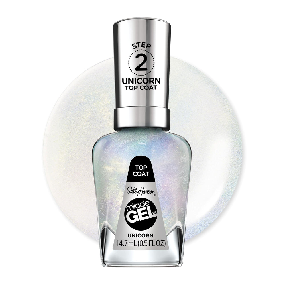 Sally Hansen front bottle showing glitter top coat and clear cap, sparkly finish benefit