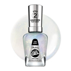 Sally Hansen front bottle showing glitter top coat and clear cap, sparkly finish benefit