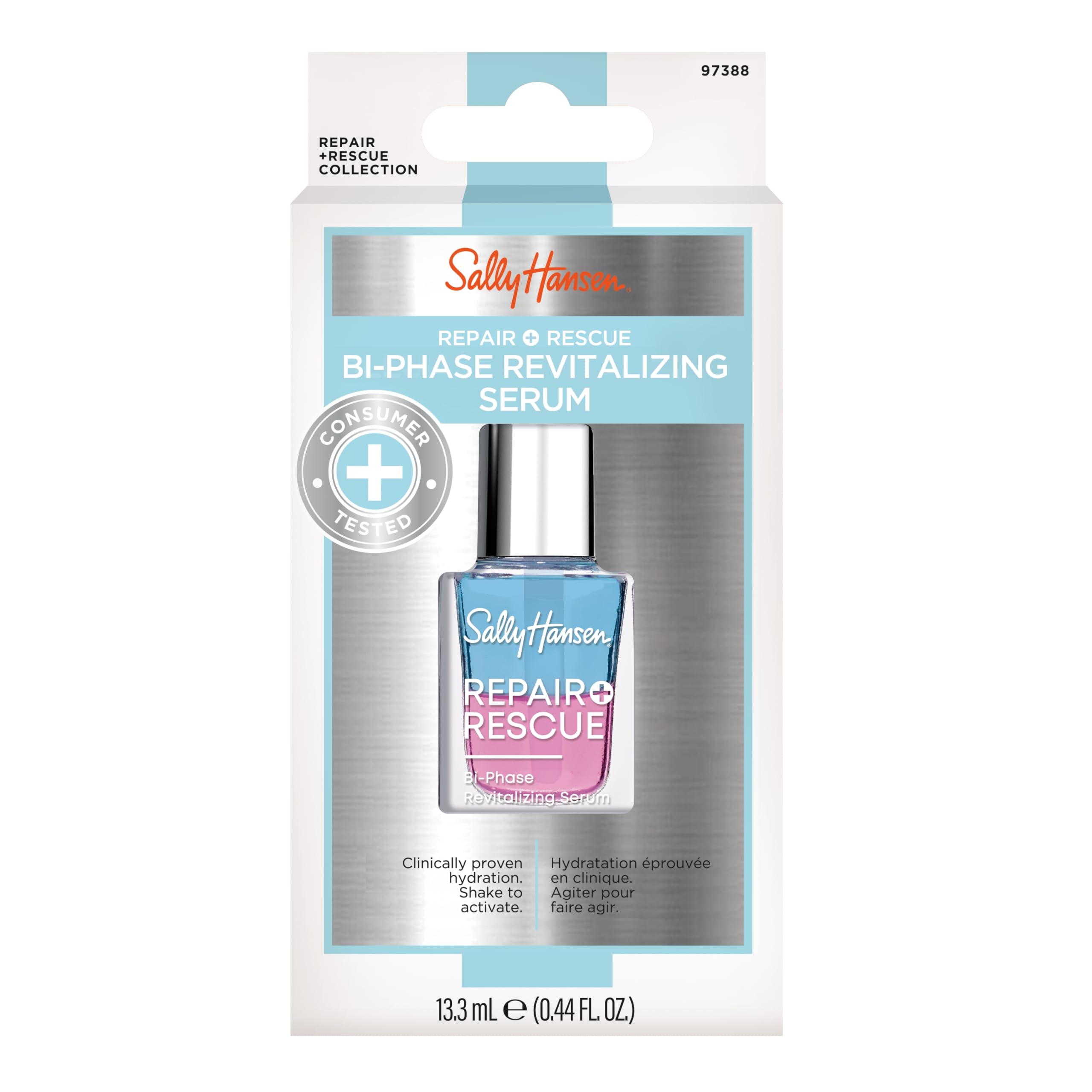 Sally Hansen serum on vanity beside nail tools, enhances at-home manicure routine