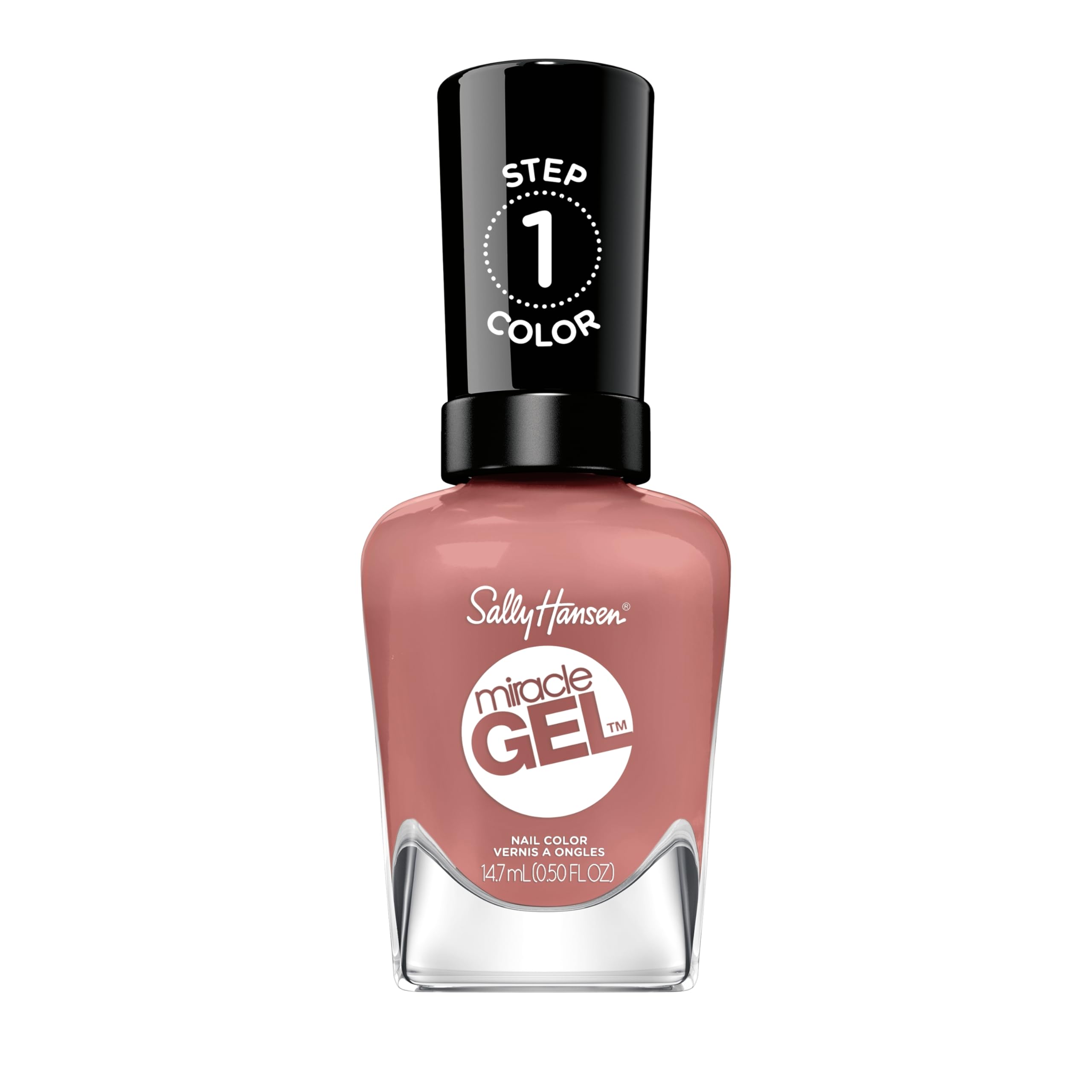 Sally Hansen front bottle showing dusty plum pink shade and visible label for easy selection