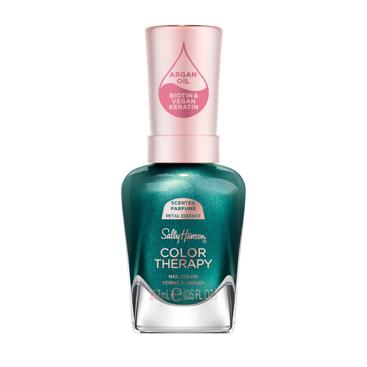Sally Hansen bottle front view showing forest green shade and benefits
