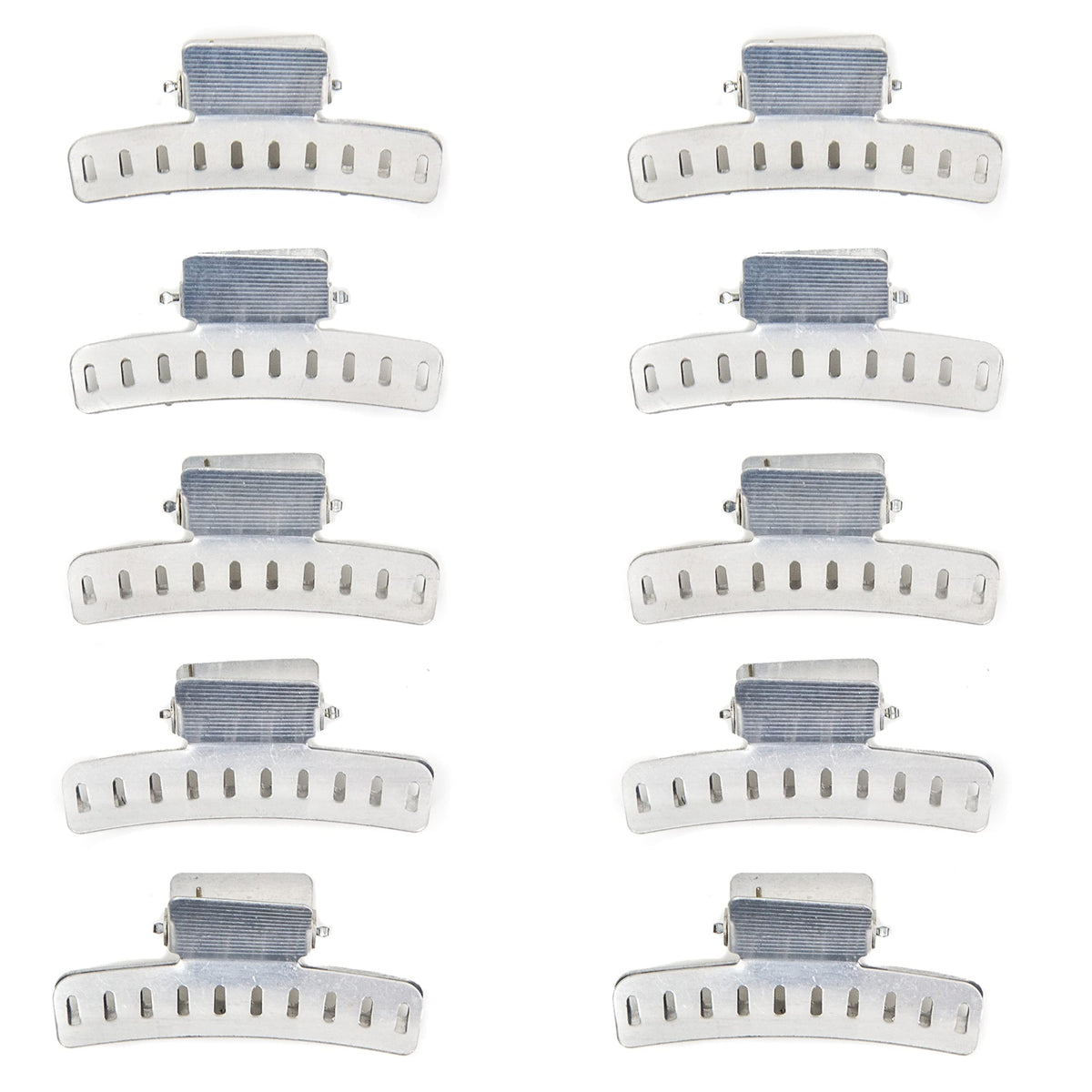 Salon Supply Co front view of ten aluminum butterfly wave clips for easy styling