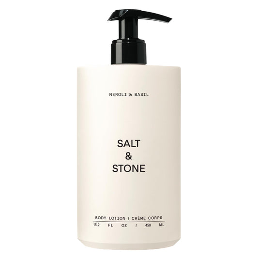 Salt & Stone bottle front view showing neroli basil scent and volume