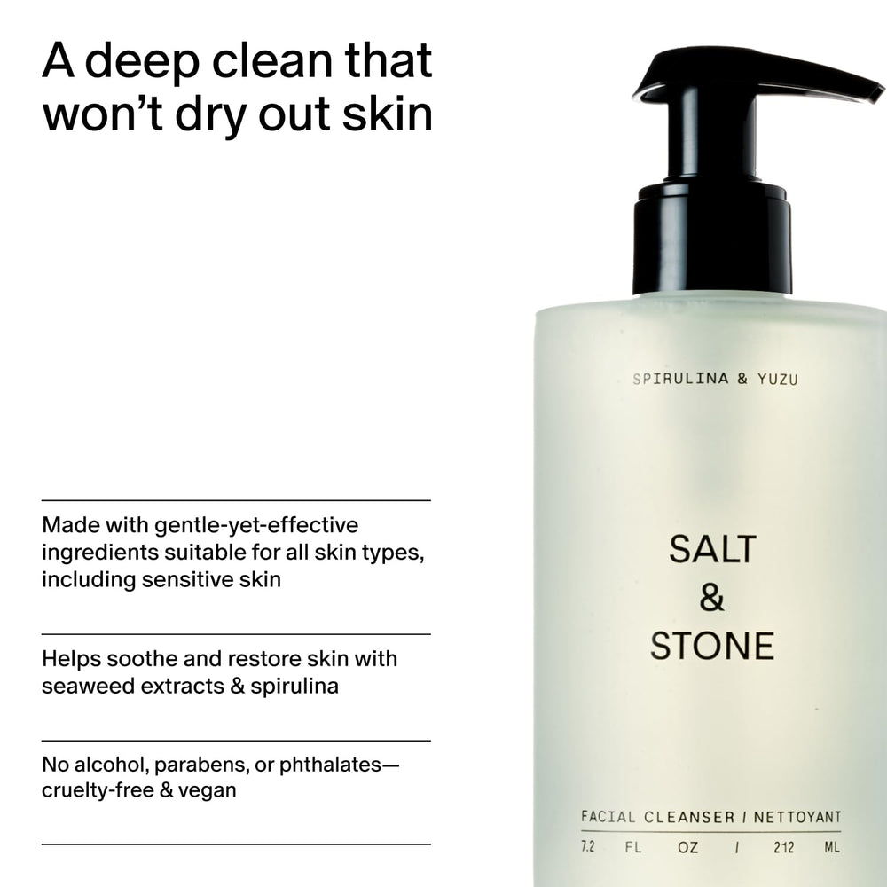 Salt & Stone bottle next to spirulina and yuzu visuals indicating botanical ingredients