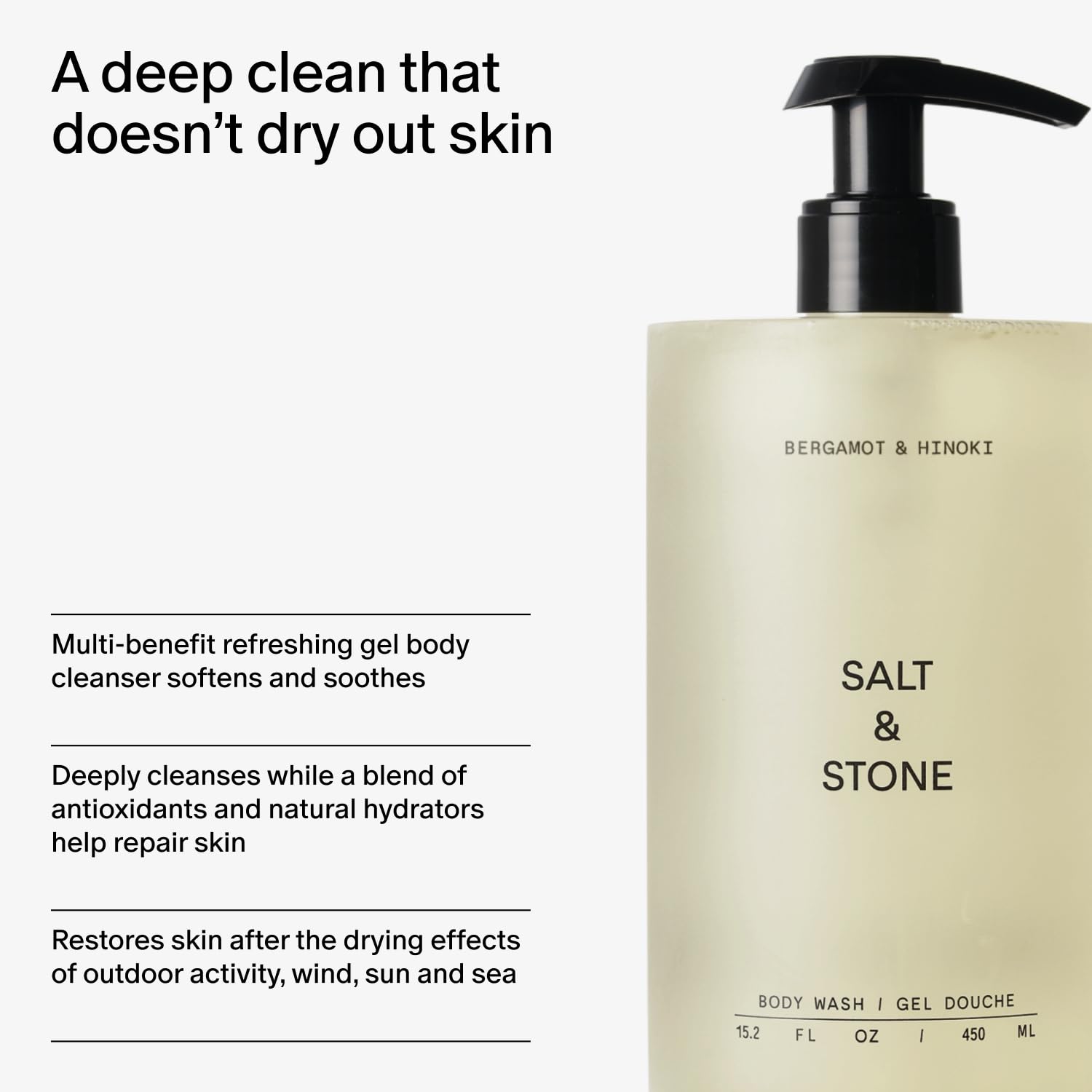 Salt & Stone refill bottle beside green plant showing natural aesthetic benefit