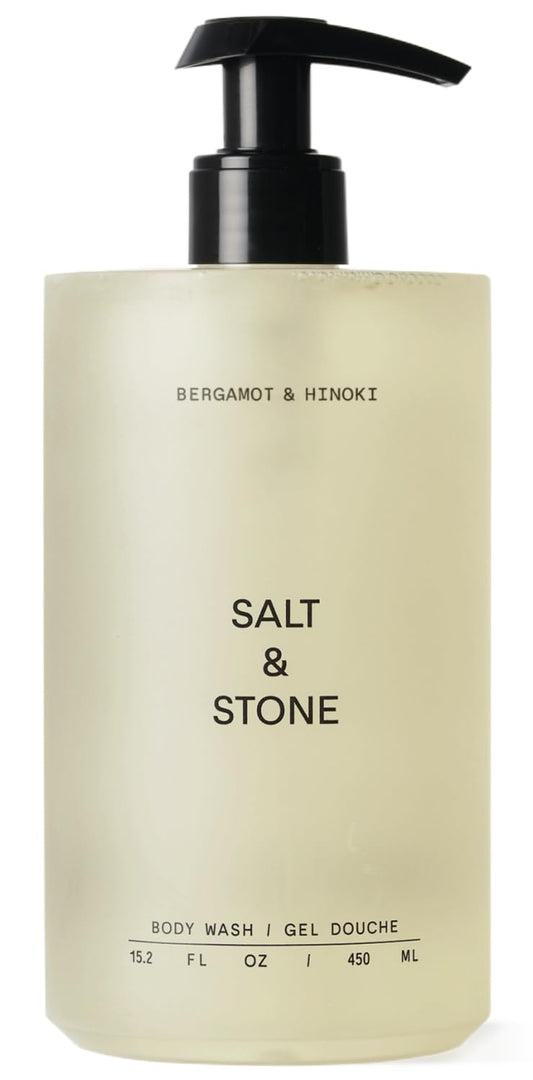 Salt & Stone front bottle showing bergamot and hinoki scent, clear packaging benefits