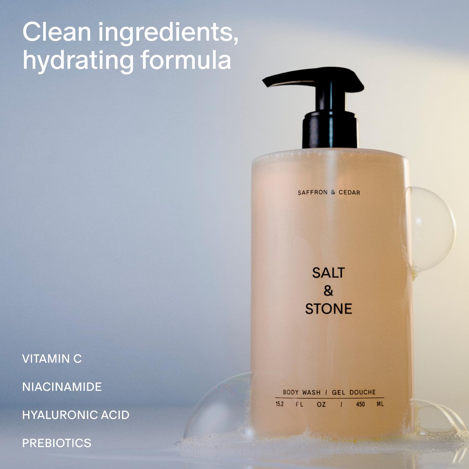 Salt & Stone gel texture close-up highlighting creamy moisturizing lather