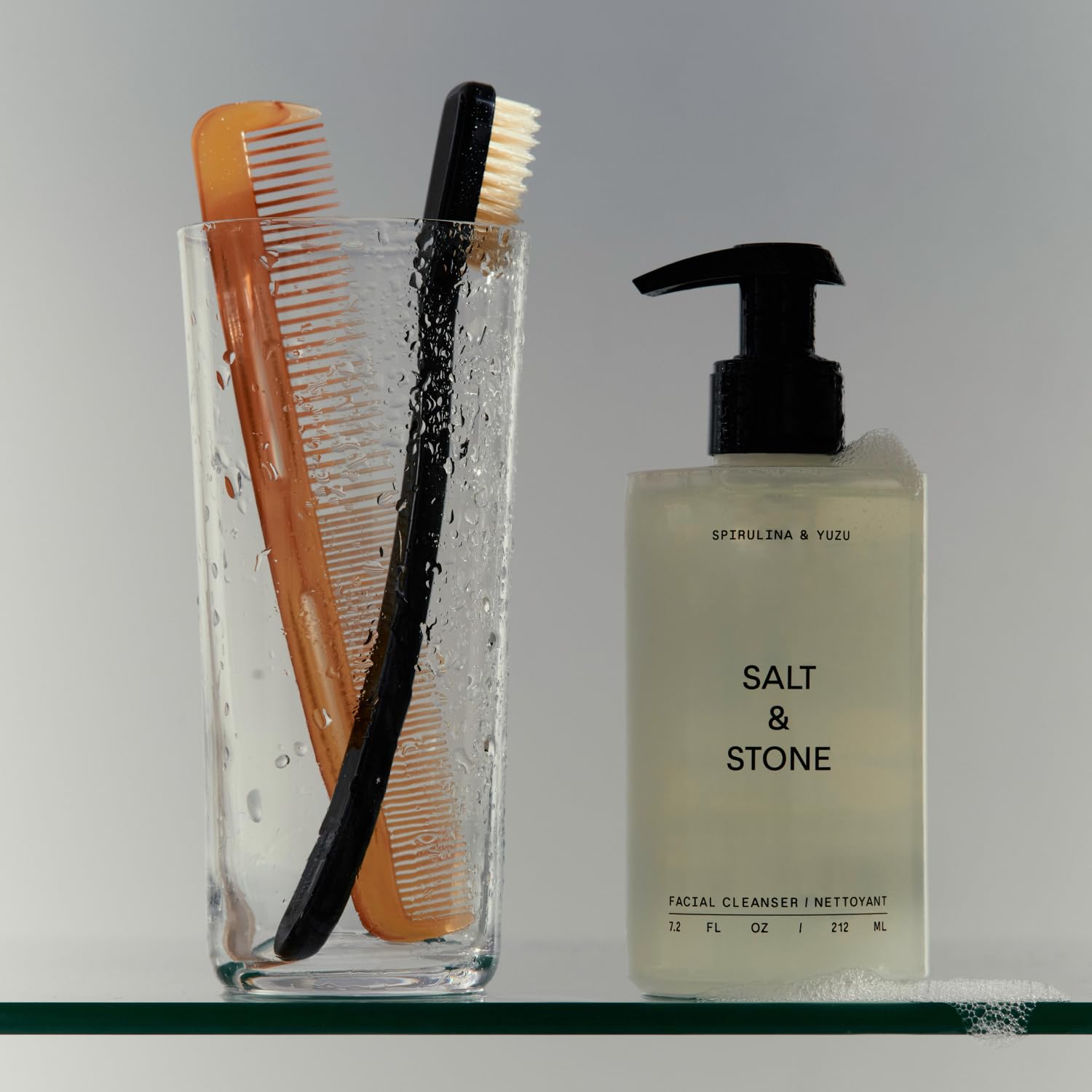 Salt & Stone cleanser on bathroom counter in routine setting for everyday use