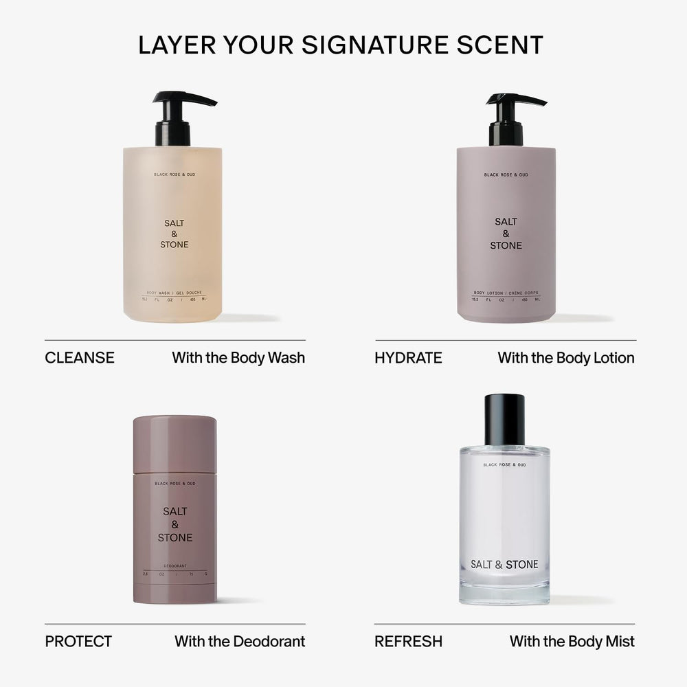 Salt & Stone on bathroom vanity in lifestyle scene conveying daily routine benefits