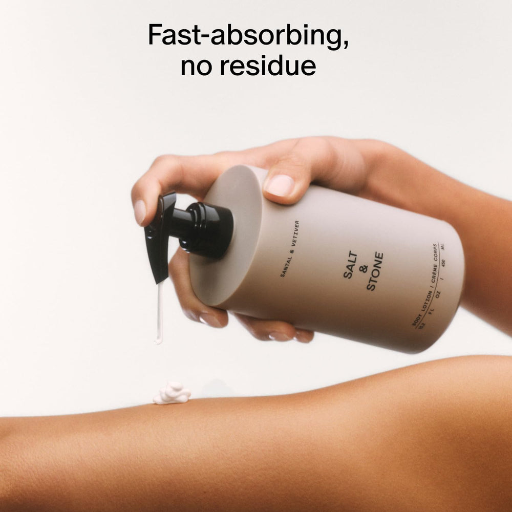 Salt & Stone applied to hand demonstrating fast-absorbing moisturizing benefit