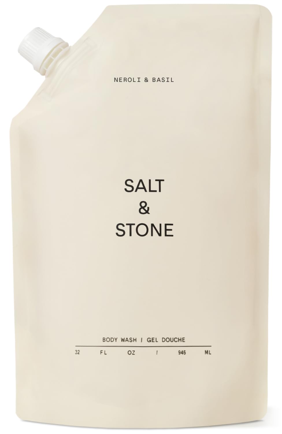 Salt & Stone refill bottle front view showing neroli basil scent and packaging benefit